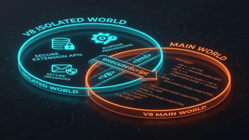 A developer screen displaying Chrome Extension Manifest V3 execution context settings for main and isolated worlds.