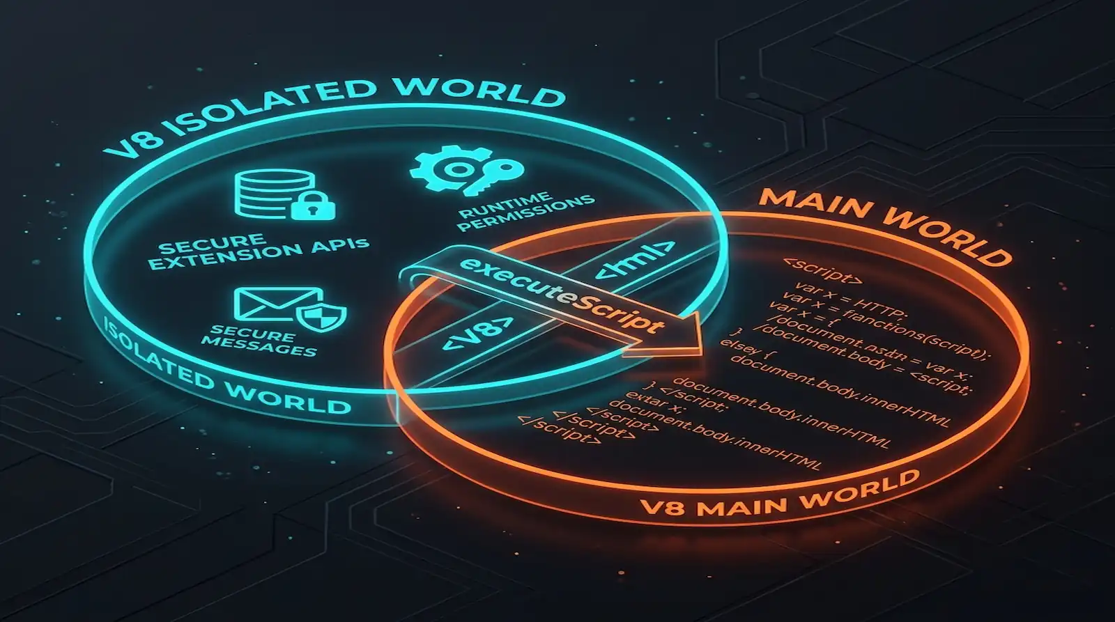 A developer screen displaying Chrome Extension Manifest V3 execution context settings for main and isolated worlds.