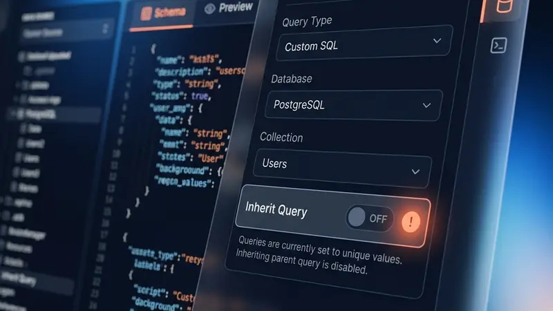 Visual mockup of the Gutenberg block settings sidebar showing the 'Inherit Query' toggle switched to OFF, highlighted with a coral warning exclamation icon indicating decoupled query routing.