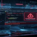 A glowing futuristic desktop monitor displaying a Chrome DevTools interface with code and a prominent red warning window reading "ERROR 403: CRITICAL AUTH FAILURE - ACCESS DENIED."