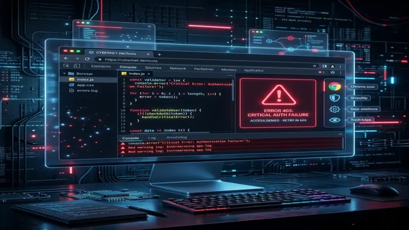A glowing futuristic desktop monitor displaying a Chrome DevTools interface with code and a prominent red warning window reading "ERROR 403: CRITICAL AUTH FAILURE - ACCESS DENIED."