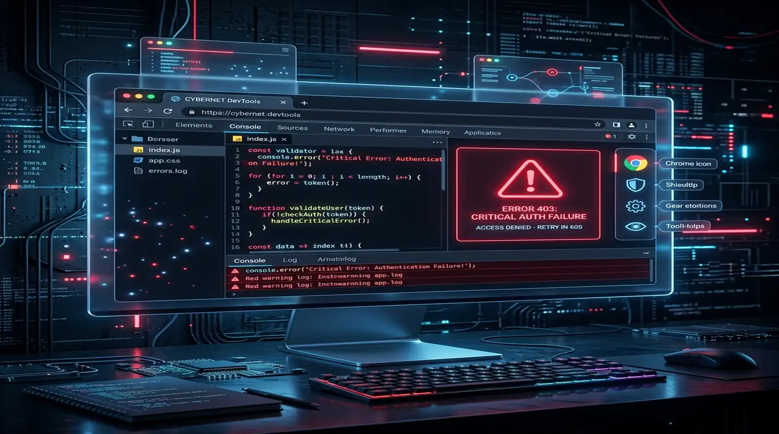 A glowing futuristic desktop monitor displaying a Chrome DevTools interface with code and a prominent red warning window reading "ERROR 403: CRITICAL AUTH FAILURE - ACCESS DENIED."