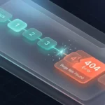 An isometric 3D web dashboard mockup illustrating a database query pagination loop. Buttons for pages 1, 2, and 3 are connected by a glowing teal line, but the line breaks before page 4, which glows red with a '404 Error' warning badge.