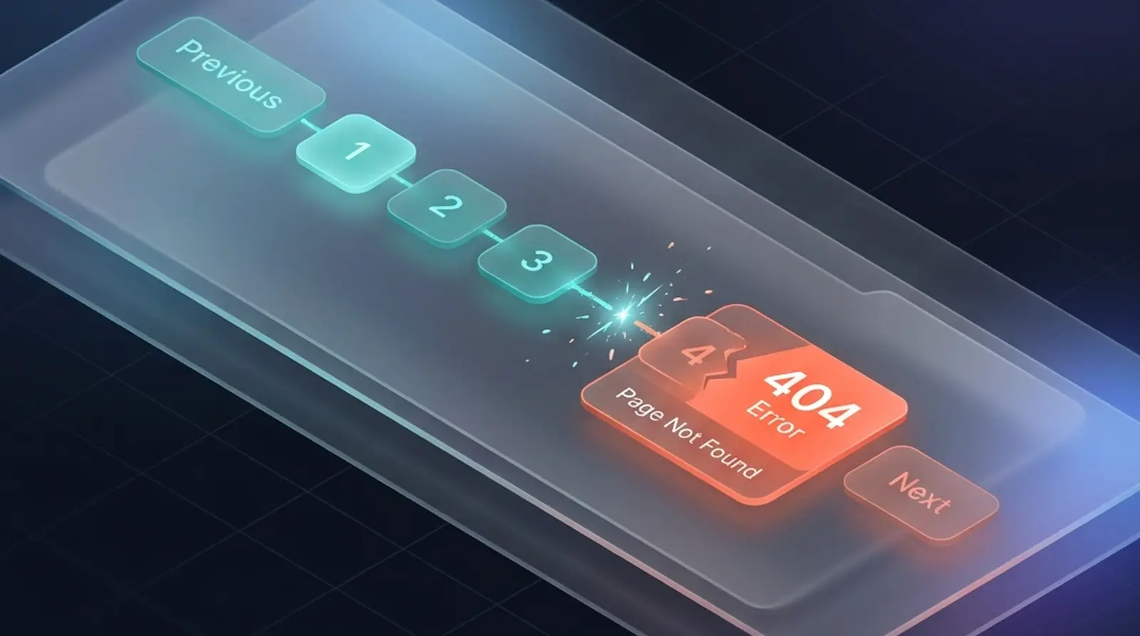 An isometric 3D web dashboard mockup illustrating a database query pagination loop. Buttons for pages 1, 2, and 3 are connected by a glowing teal line, but the line breaks before page 4, which glows red with a '404 Error' warning badge.