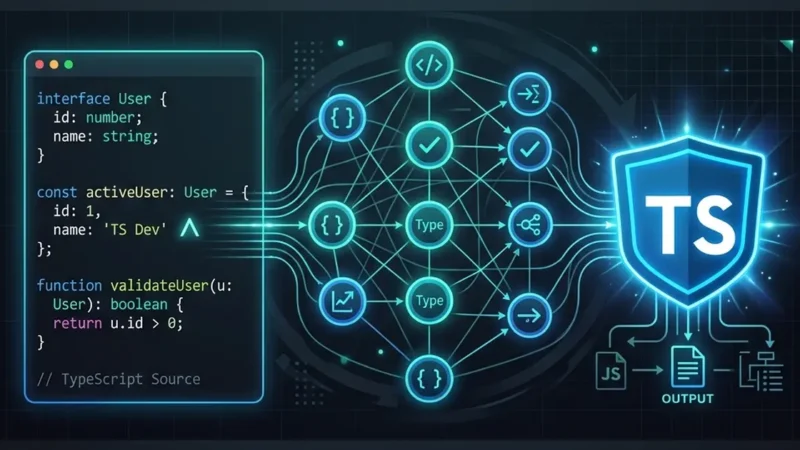 A futuristic, neon-styled infographic illustrating TypeScript compilation. On the left, a code editor window displays a TypeScript interface, object instantiation, and a validation function. Glowing data streams connect this code to a central web of nodes representing type checking and validation processing. These streams funnel into a bright blue security shield featuring the letters 'TS', which outputs final JavaScript files.