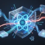 3D illustration of a React Suspense shield protecting core components connected to Chrome extension modules via IPC data paths.