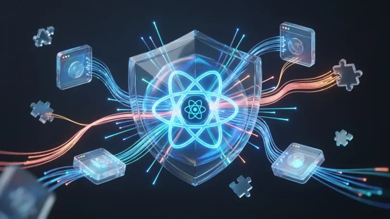 3D illustration of a React Suspense shield protecting core components connected to Chrome extension modules via IPC data paths.