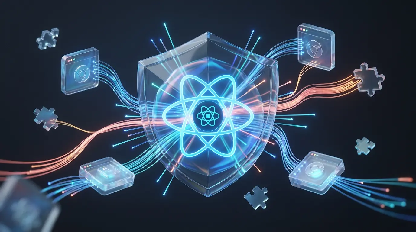 3D illustration of a React Suspense shield protecting core components connected to Chrome extension modules via IPC data paths.