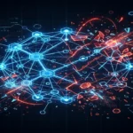 Abstract glowing blue digital network sphere shattering into red fragments on a dark grid background, symbolizing data binding breakdown in nested WordPress pattern overrides.