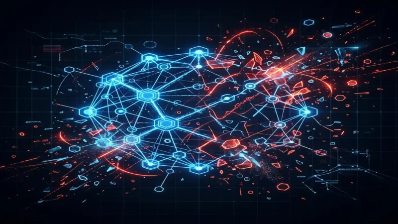 Abstract glowing blue digital network sphere shattering into red fragments on a dark grid background, symbolizing data binding breakdown in nested WordPress pattern overrides.
