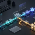 3D architectural visualization of a TypeScript Zod validation pipeline with asynchronous database gateway.