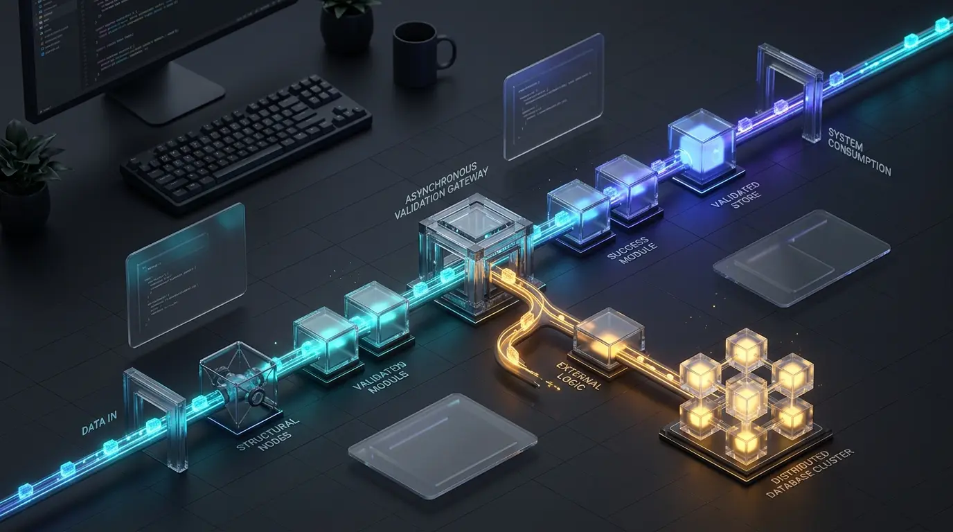 3D architectural visualization of a TypeScript Zod validation pipeline with asynchronous database gateway.