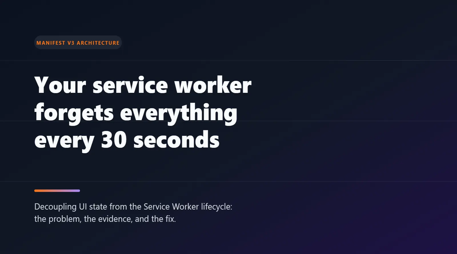 Dark gradient cover graphic with white text reading "Your service worker forgets everything every 30 seconds" and subtitle "Decoupling UI state from the Service Worker lifecycle: the problem, the evidence, and the fix.".